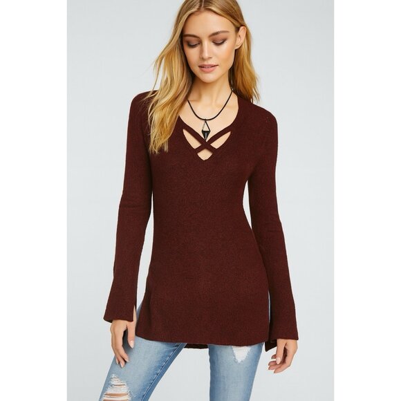 Free People Crisscross Tunic Sweater Small Mocha Brown Boho Long Sleeve - Picture 1 of 9